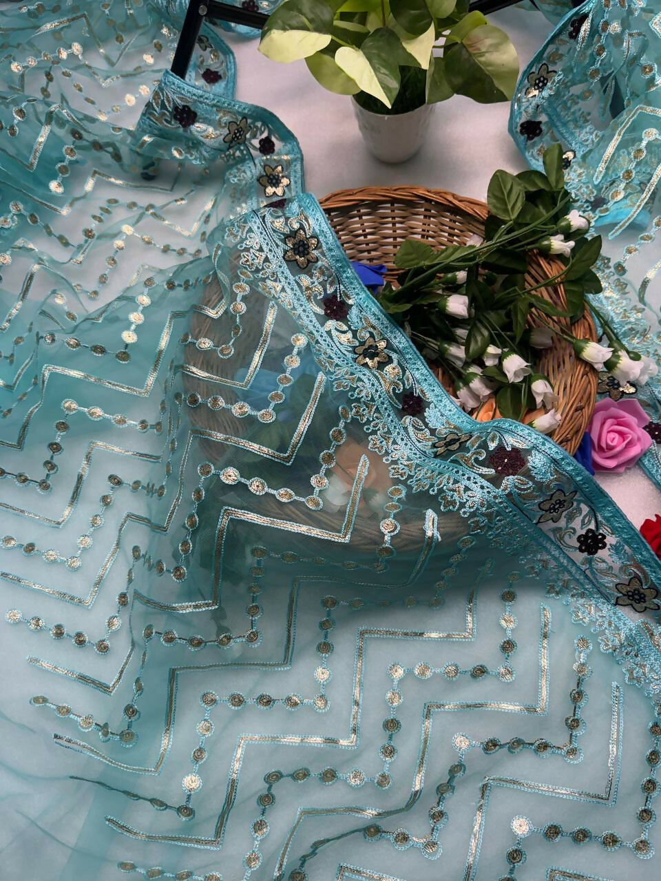 Vastranavya Butterfly Net Designer Chain Stitch Embroidery Work with Foil Thread & Stone Work Saree with Blouse Material - Turquoise