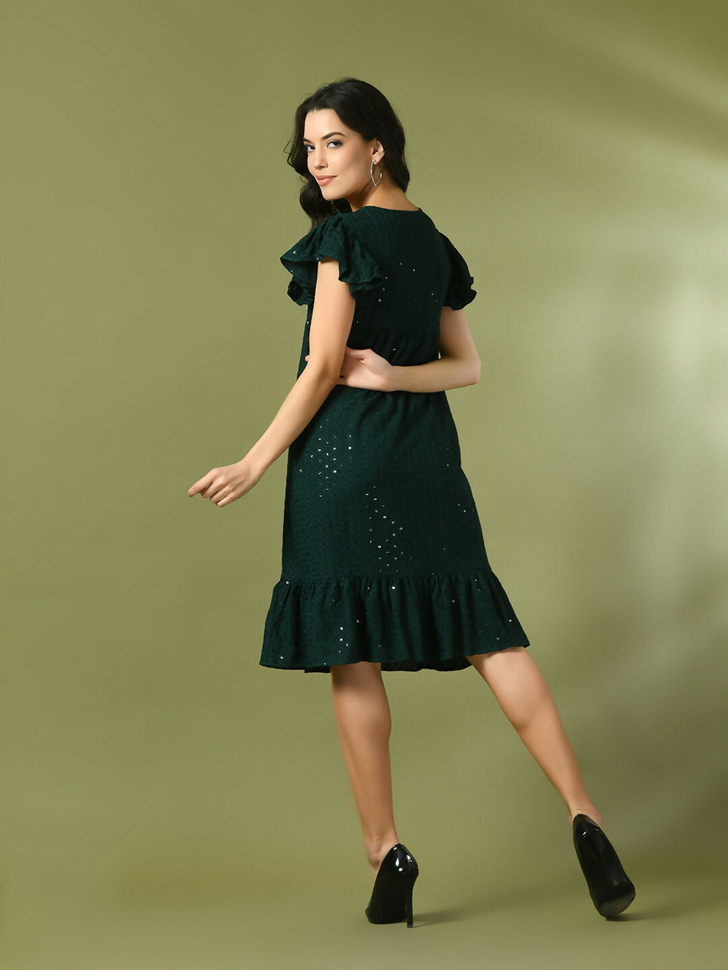 Myshka Women's Green Embroidered Cotton Round Neck A-Line Party Dress