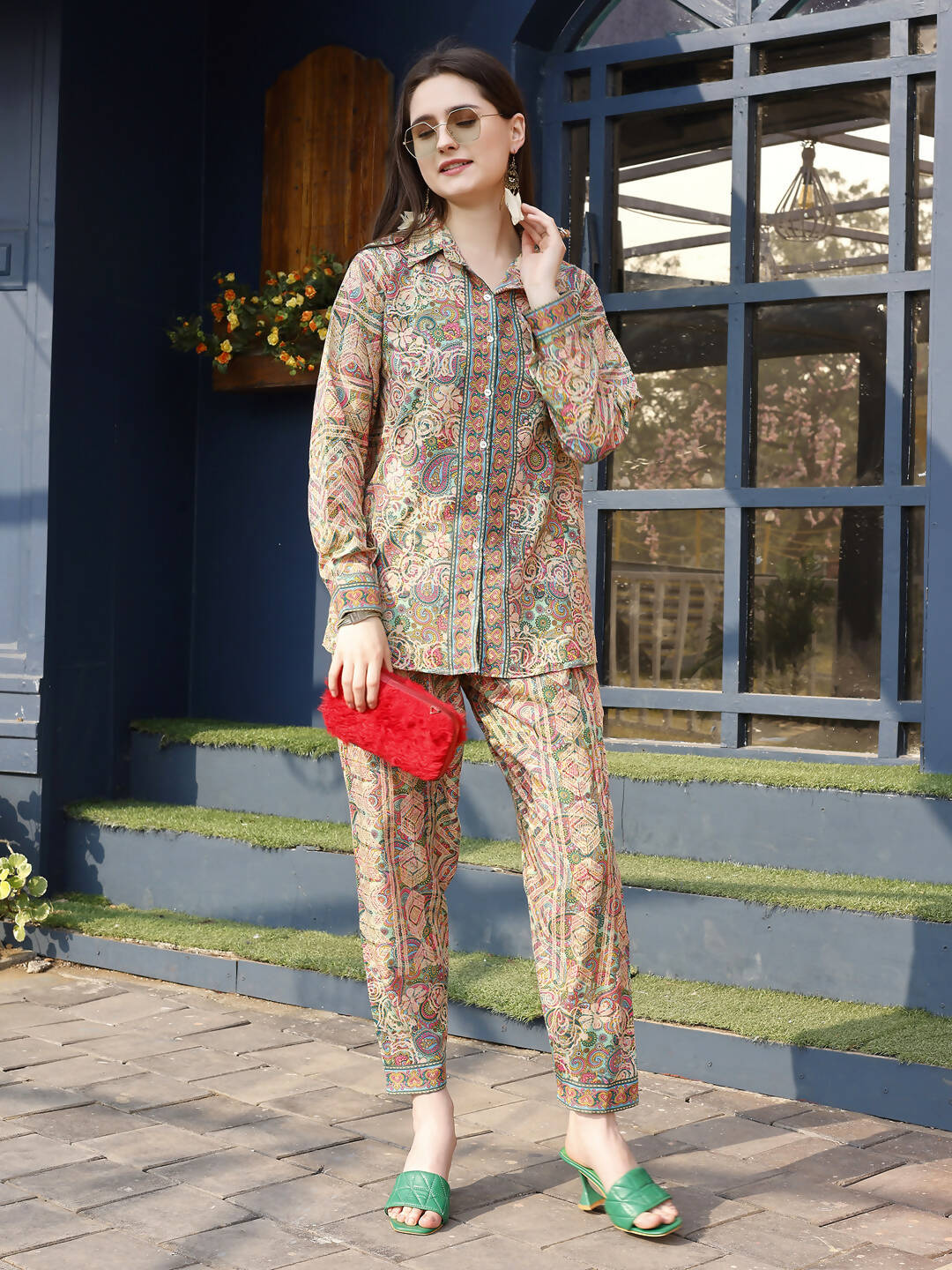 Orange & Green Rayon Paisley & Floral Printed Top with Matching Bottom - Eesha