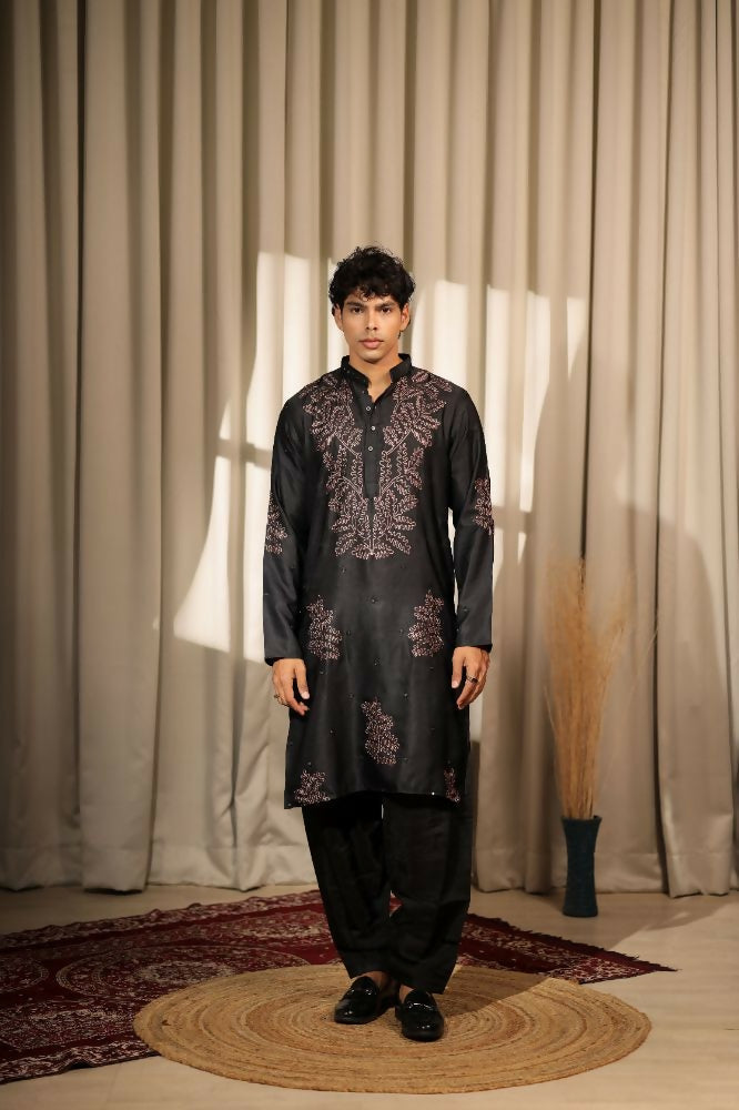 Black Greek Satin Designer Embroidery Work Kurta Set - Mahotsav