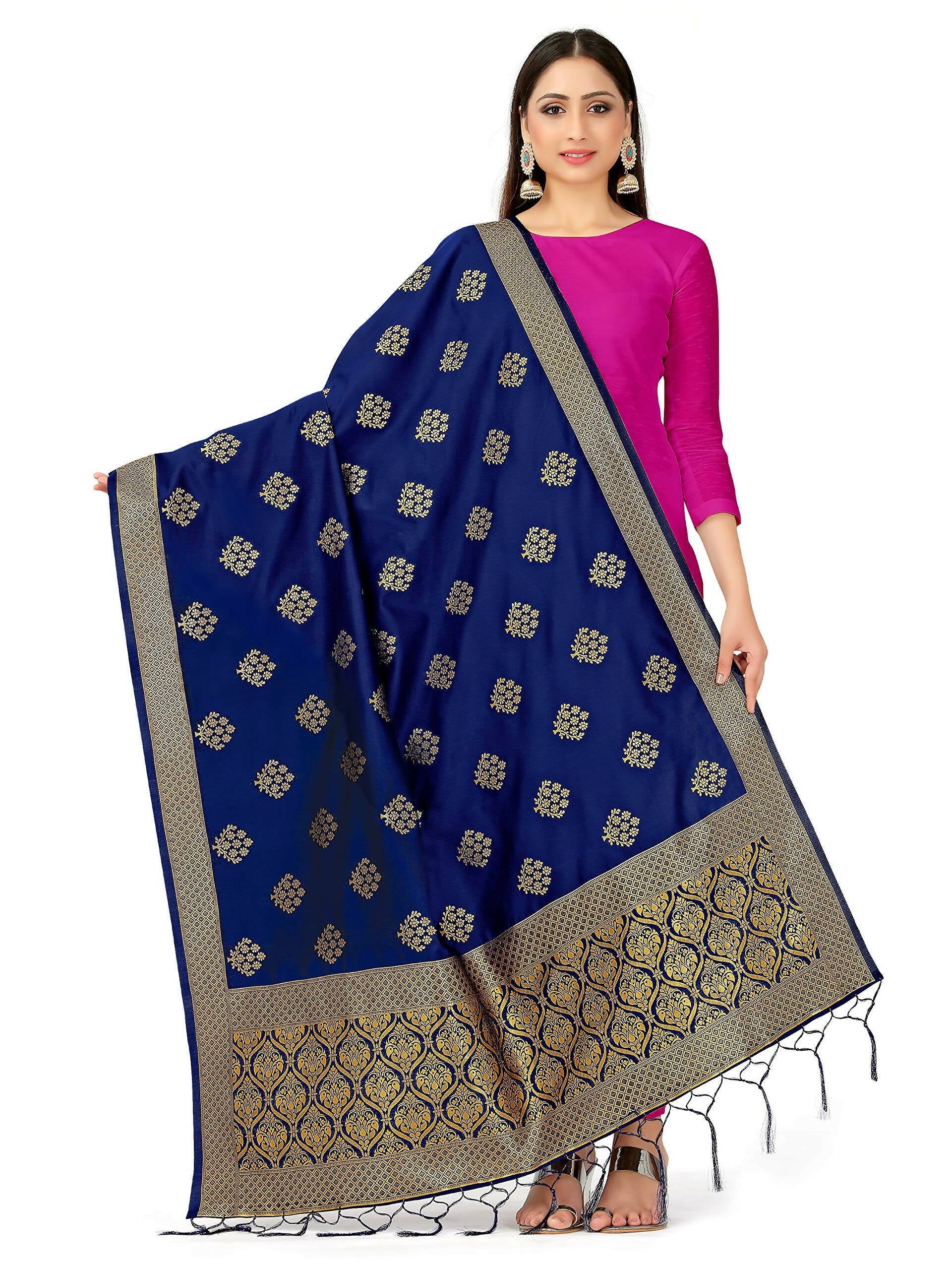Mimosa Women's Floral Art Silk Navy Blue Dupatta