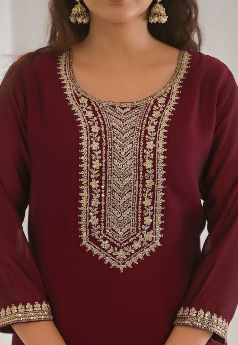 Ethnic Festive Wear Vichitra Silk Wine Stitched Suit With Dupatta - Tanisha