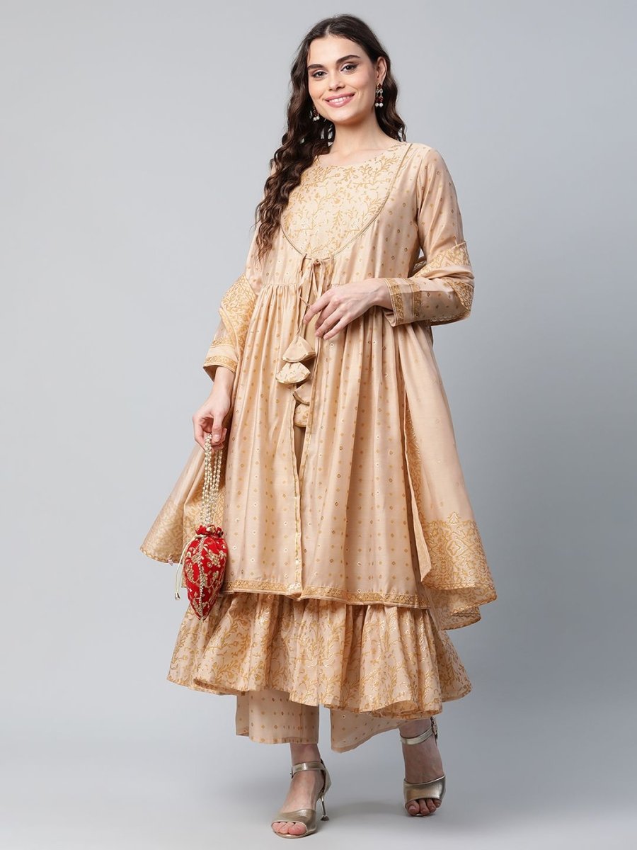 Ahalyaa Womens Beige Chanderi Kurta Palazzo Set with Dupatta