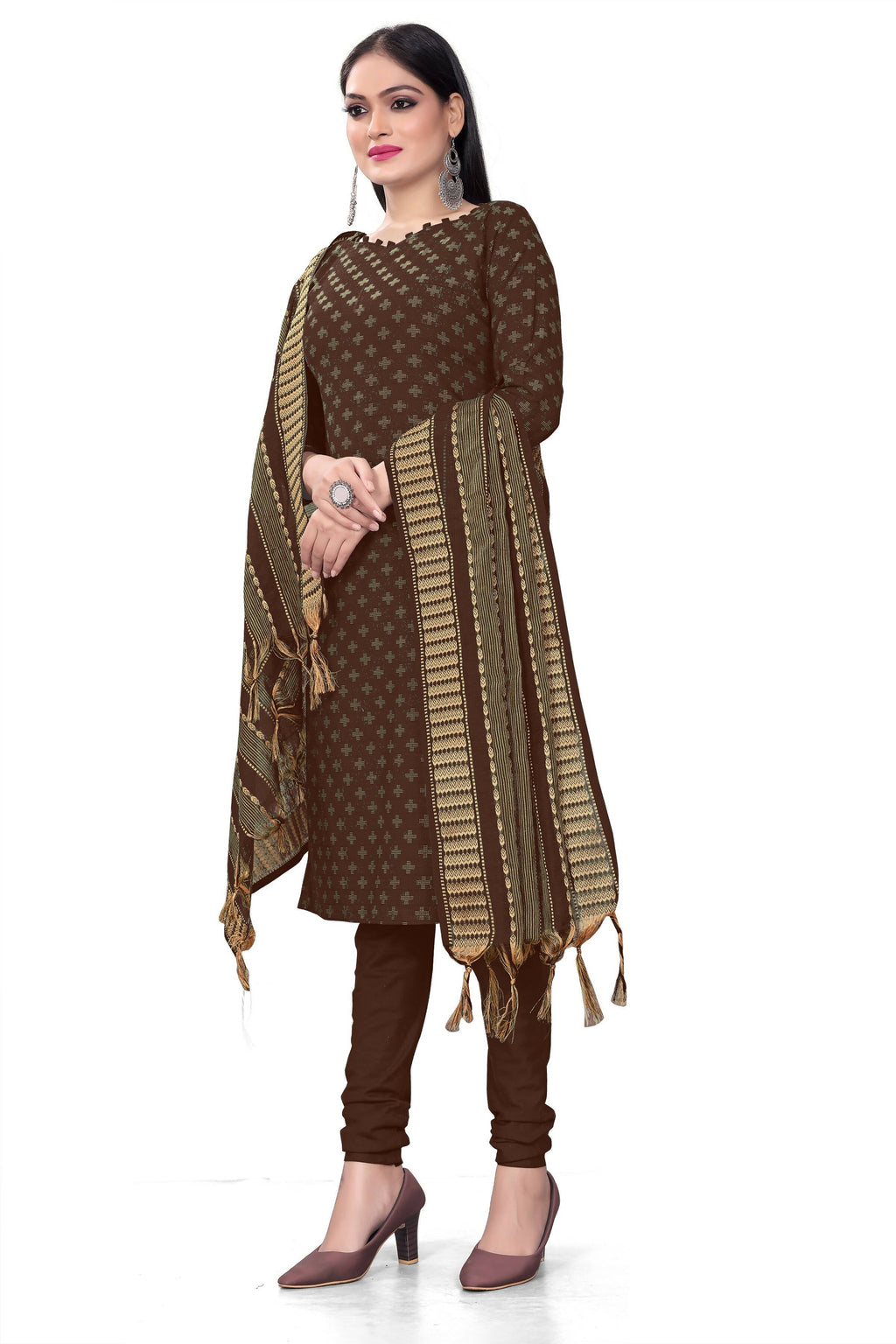 Brown Cotton Jacquard Woven Unstitched Dress Material - Amara