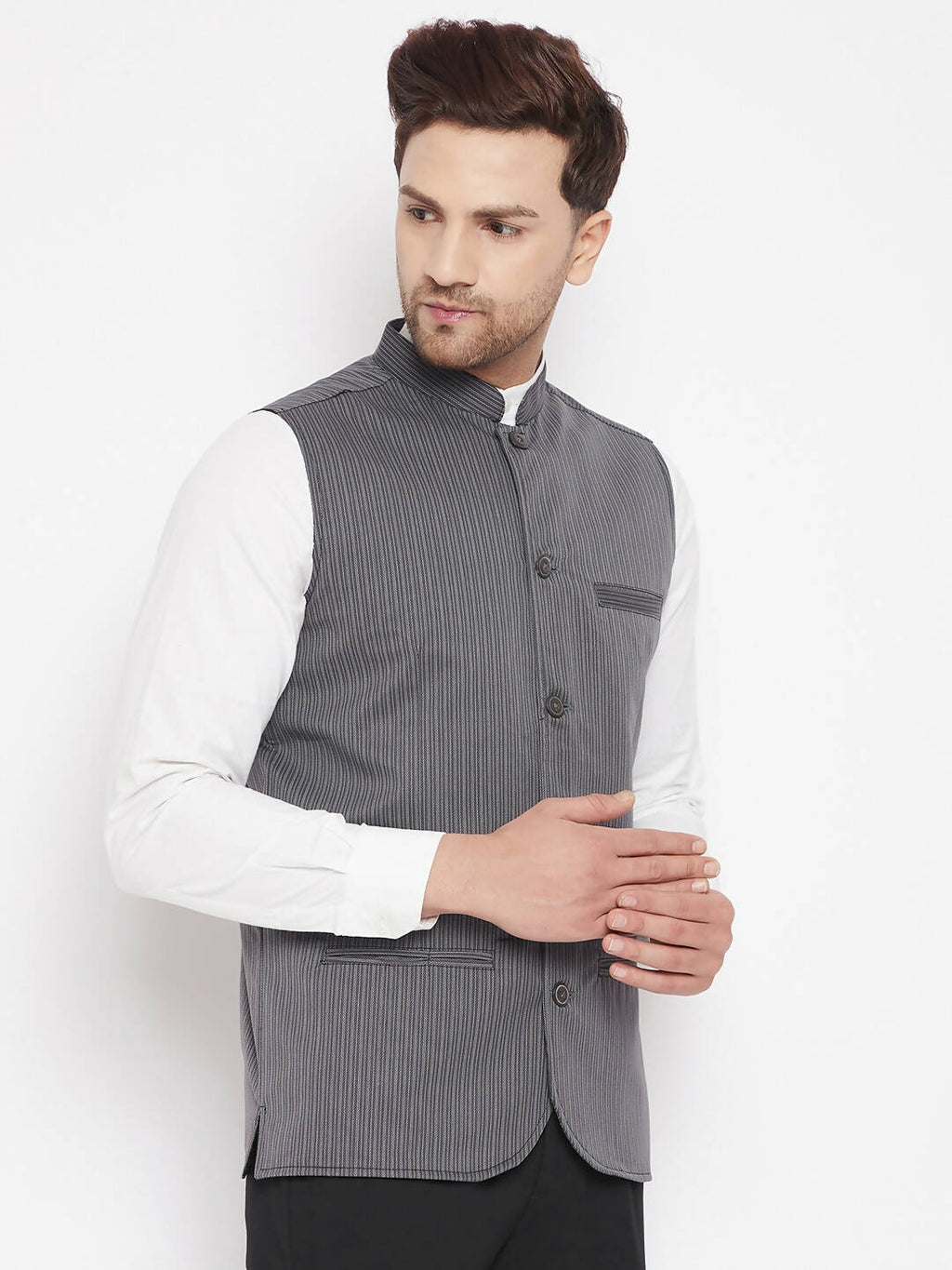 Even Apparels Grey Merino Men Woven Nehru Jacket BF708