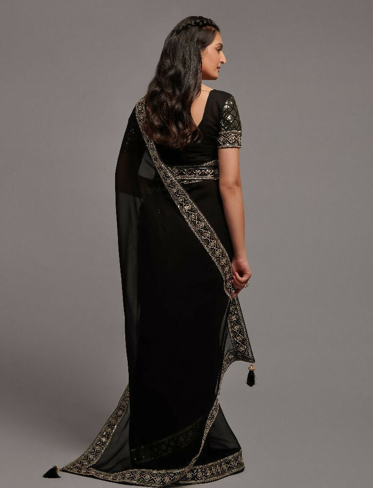 PR Fashion Black Zometo Embroidery Lace Saree