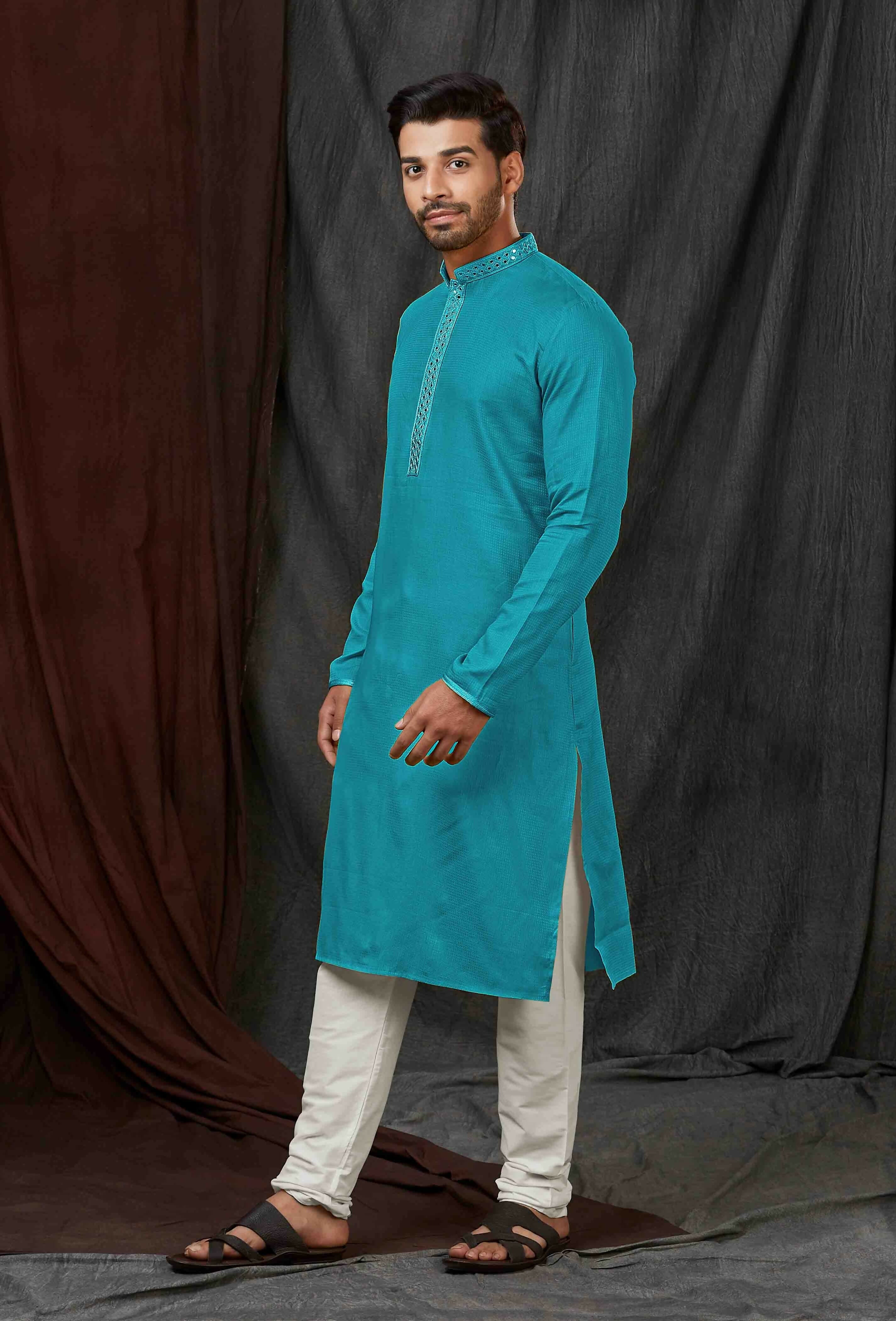 Joban Fashion Blue Self Jacquard Kurta Pyjama