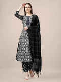 Jyoti Fashion Women's Black Rayon Print with Embroidery & Fancy Lace Work Kurta with Trouser & Dupatta