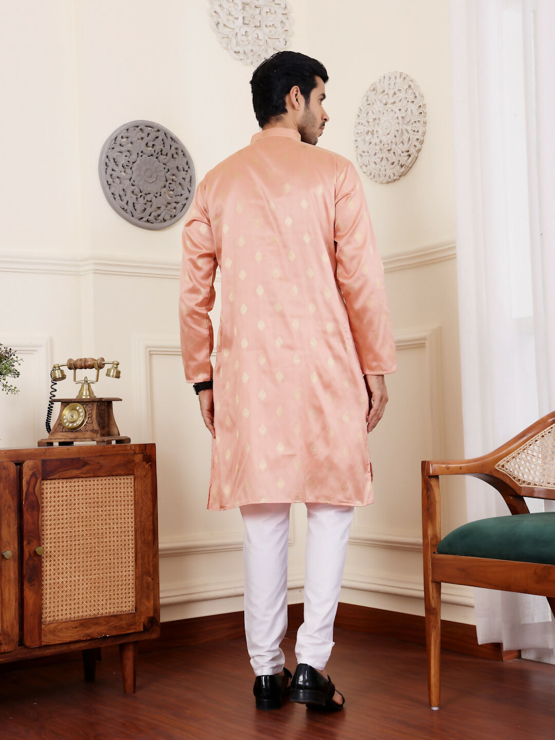 Peach Viscose Woven Jacquard Work Men's Rajwadi Kurta Set - Mahotsav