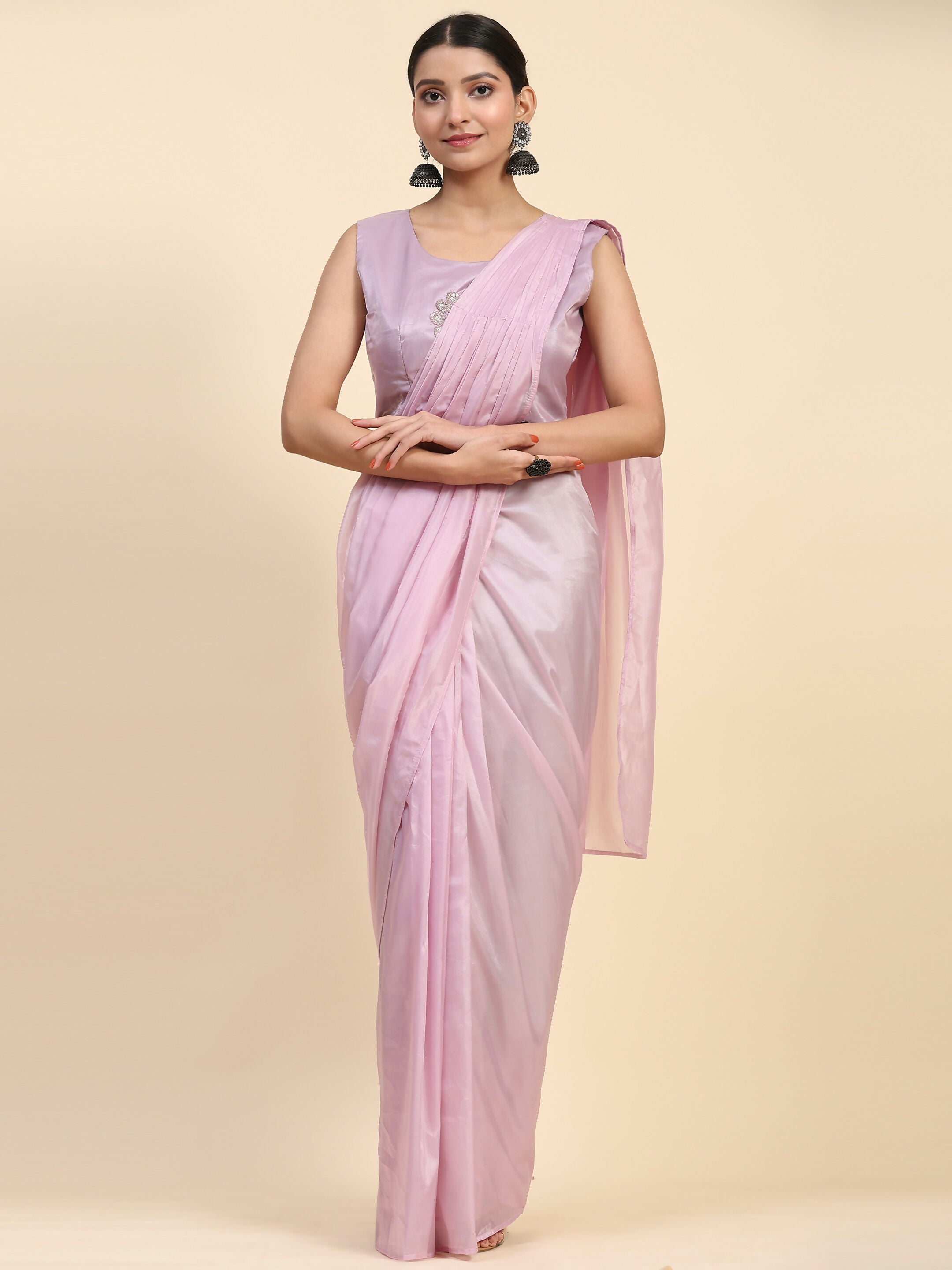Light Lavendar Satin Solid Ready to wear Saree with stitched Blouse - Vanita