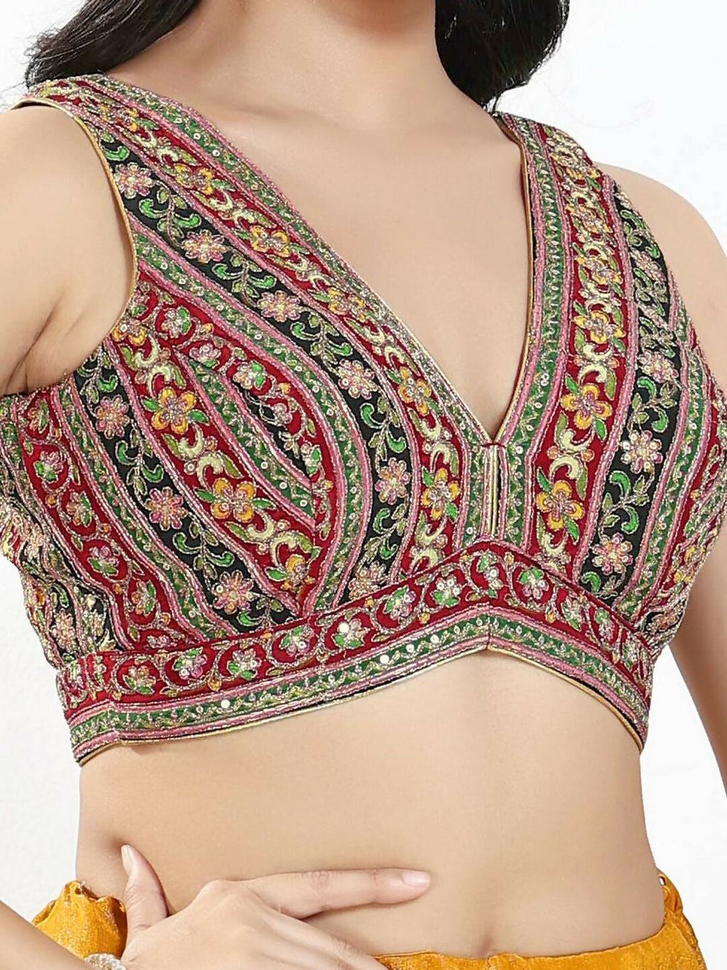 Joban Fashion Maroon Multi Georgette Padded Blouse With V Neck Sleeveless