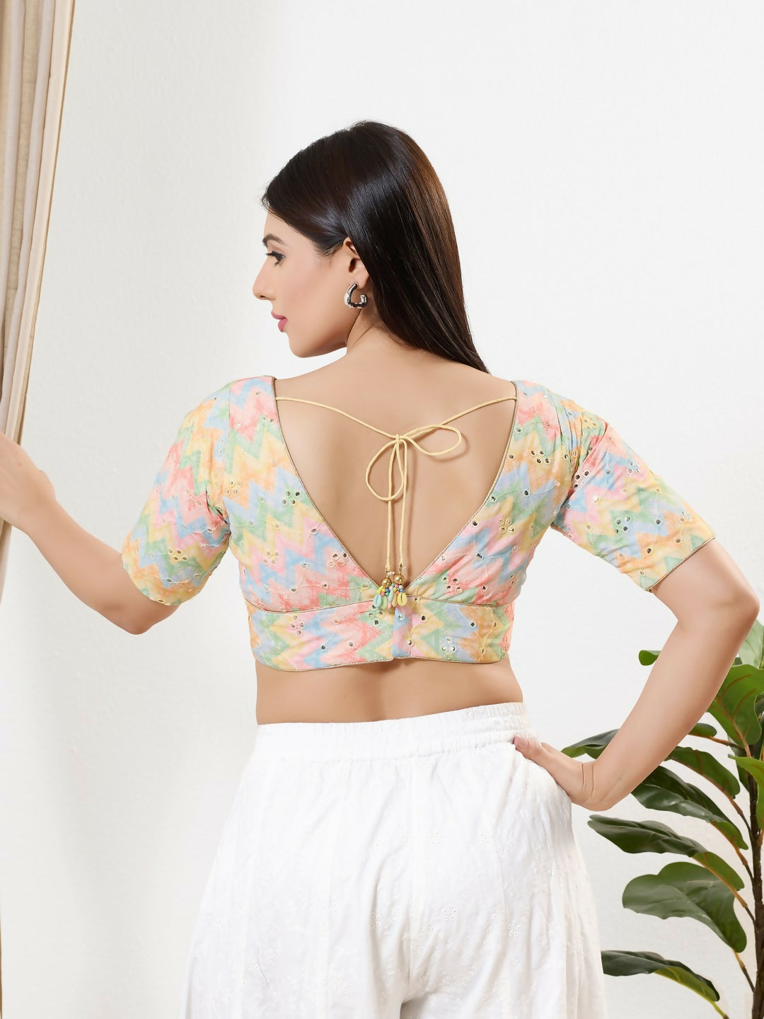 Joban Fashion Multi Silk Padded Blouse With V Neck Elbow Sleeves