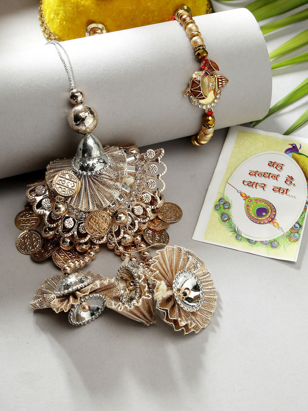 NVR Women & Men Set of 2 Gold Artificial beads Bhaiya Bhabhi Rakhi With Roli Chawal