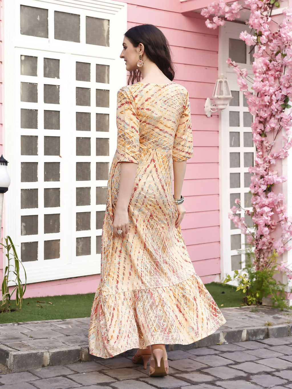Peach Rayon Foil Printed Long Dress - Michan
