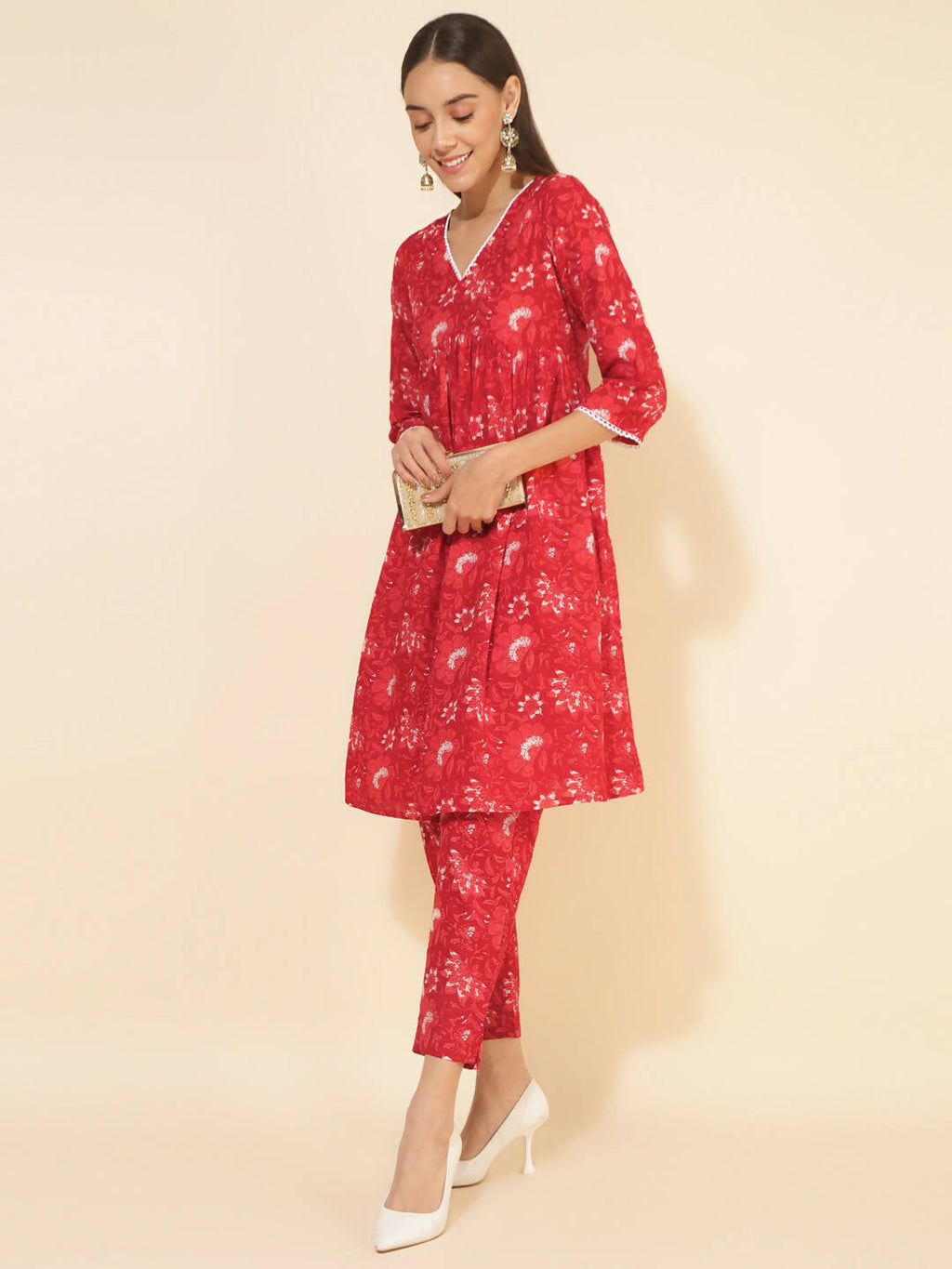 Janasya Women's Red Cotton Floral Printed Casual Flared Co-ords