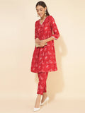 Janasya Women's Red Cotton Floral Printed Casual Flared Co-ords