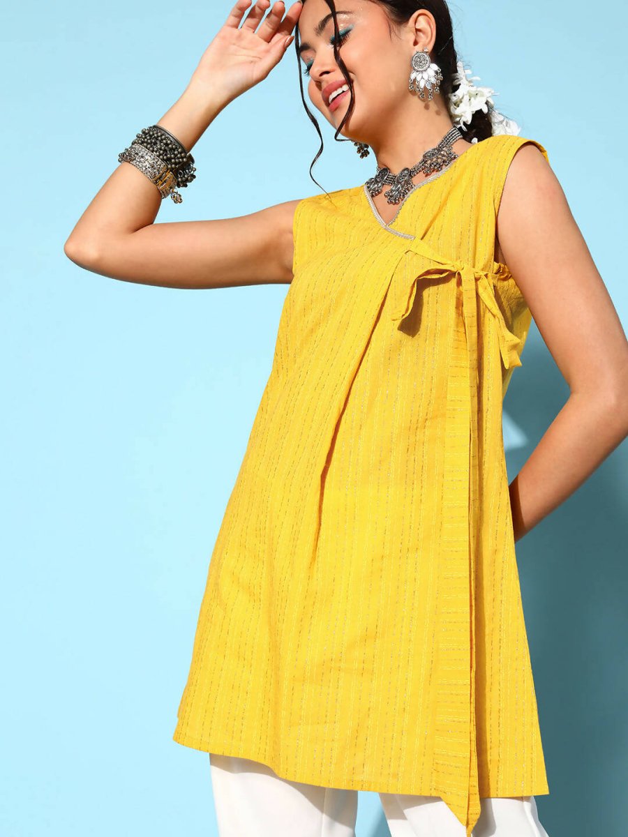 Ahalyaa Women Mustard Cotton Fluid Tie-Up Tunic