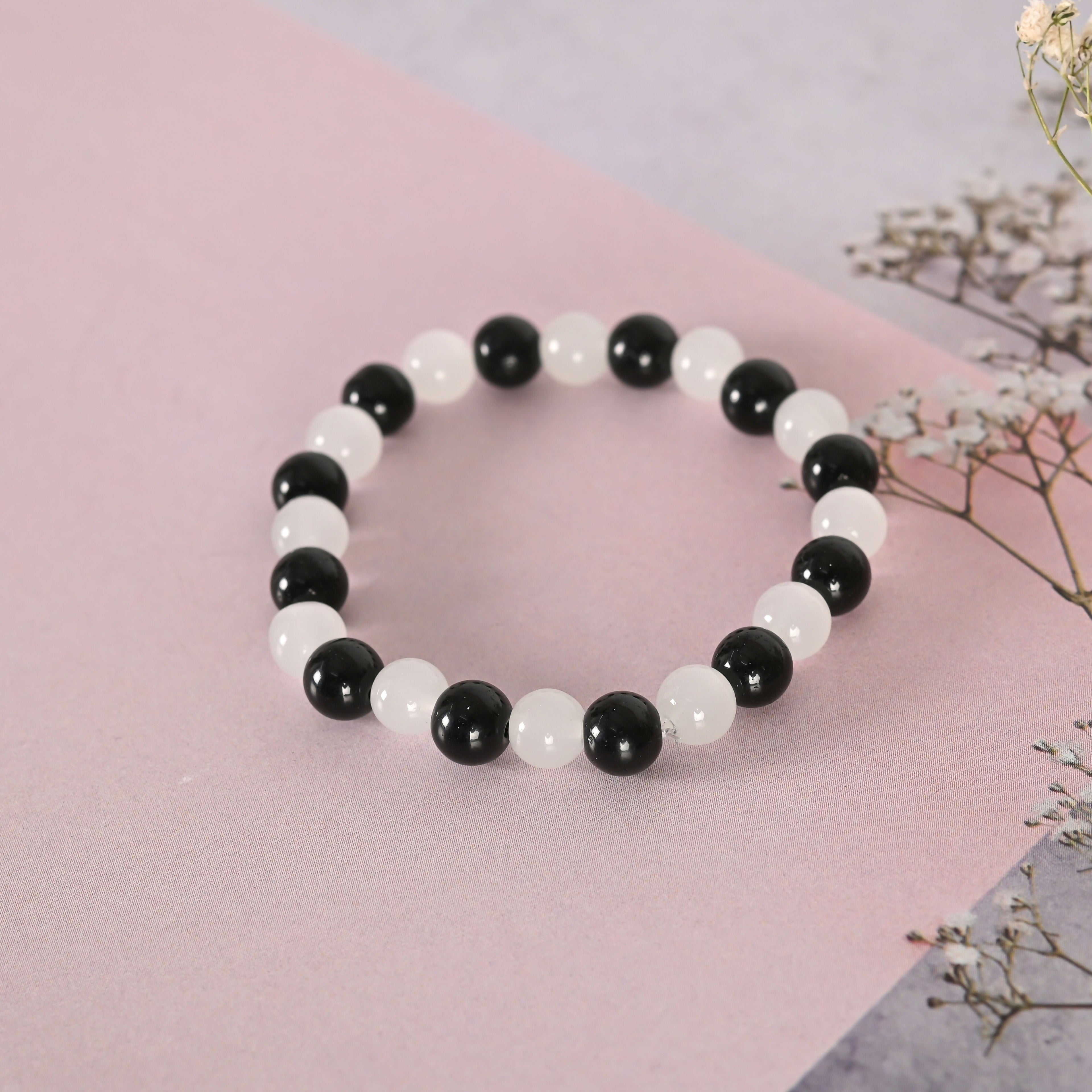 NVR Men & Women White & Black Marbel Crystal Elasticated Bracelet