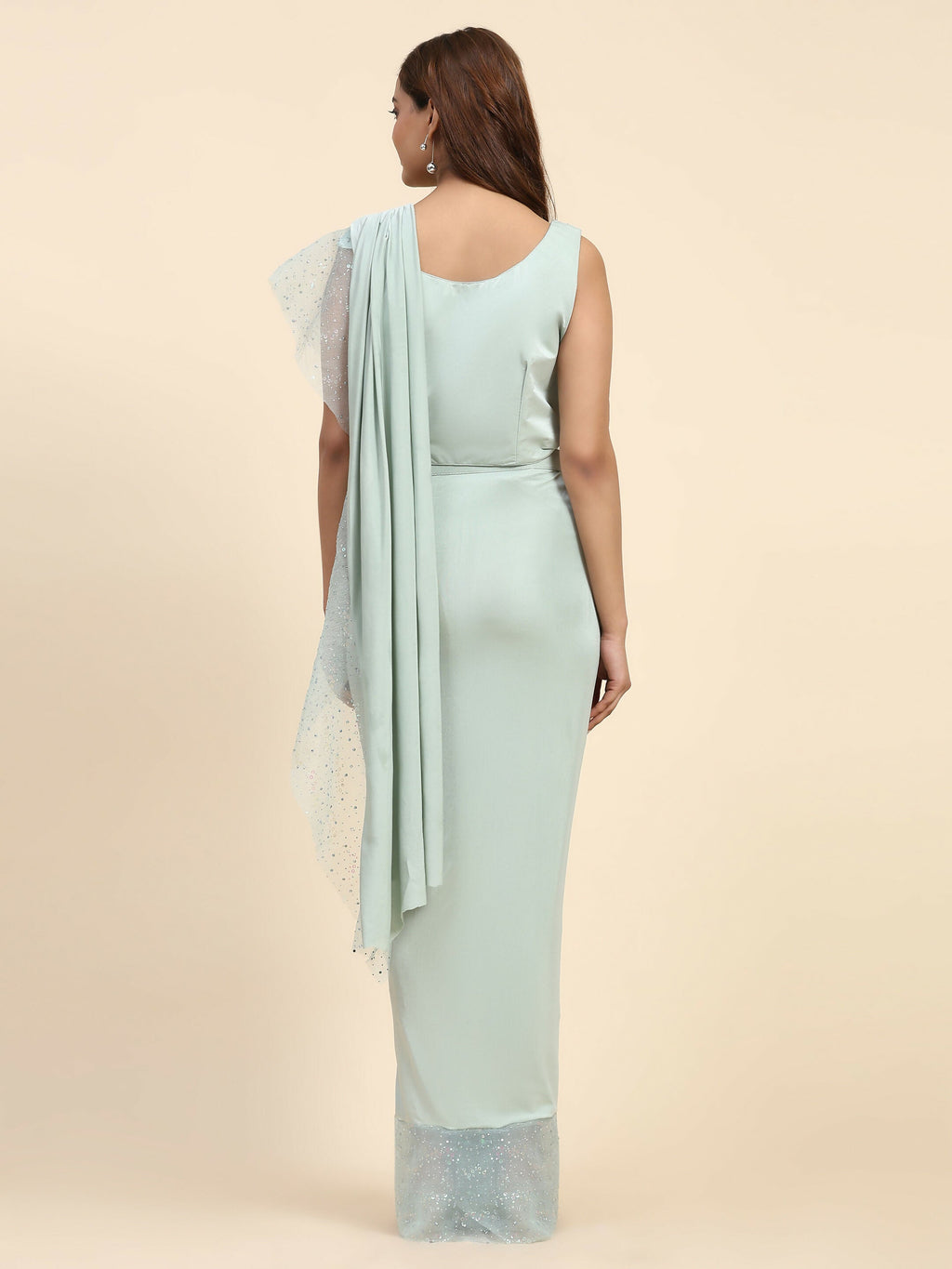 Light Blue Lycra Solid Ready to Wear Saree with stitched Blouse - Nita