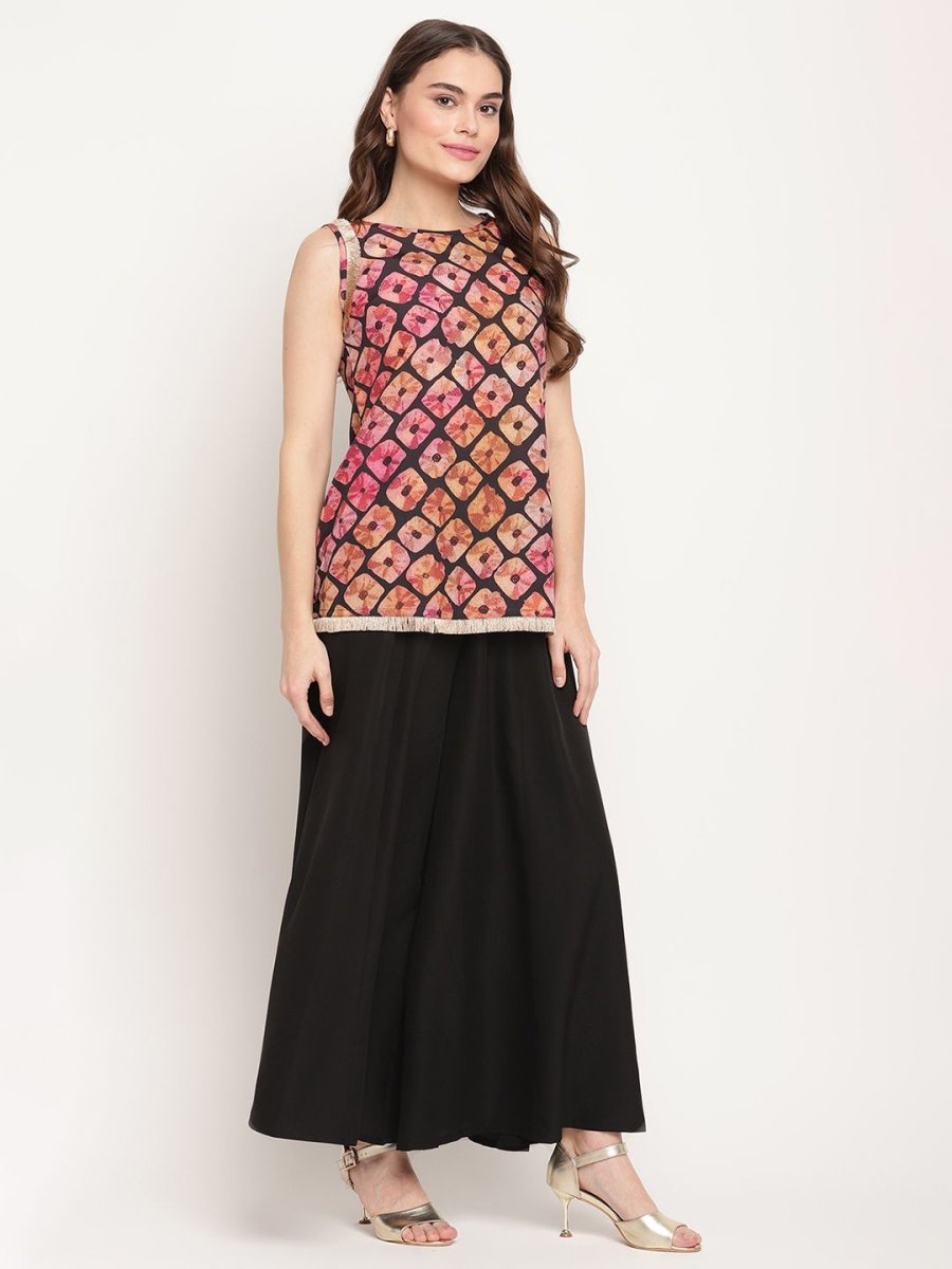 Ahalyaa Women's Black Crepe Digital Shibori Print Top Palazzo Set