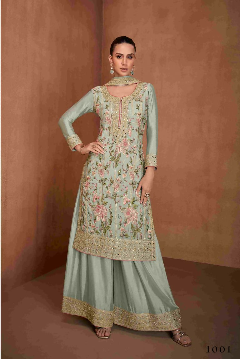 Festive Wear Ethnic Pista Chinon Stitched Suit With Dupatta - Zeeya