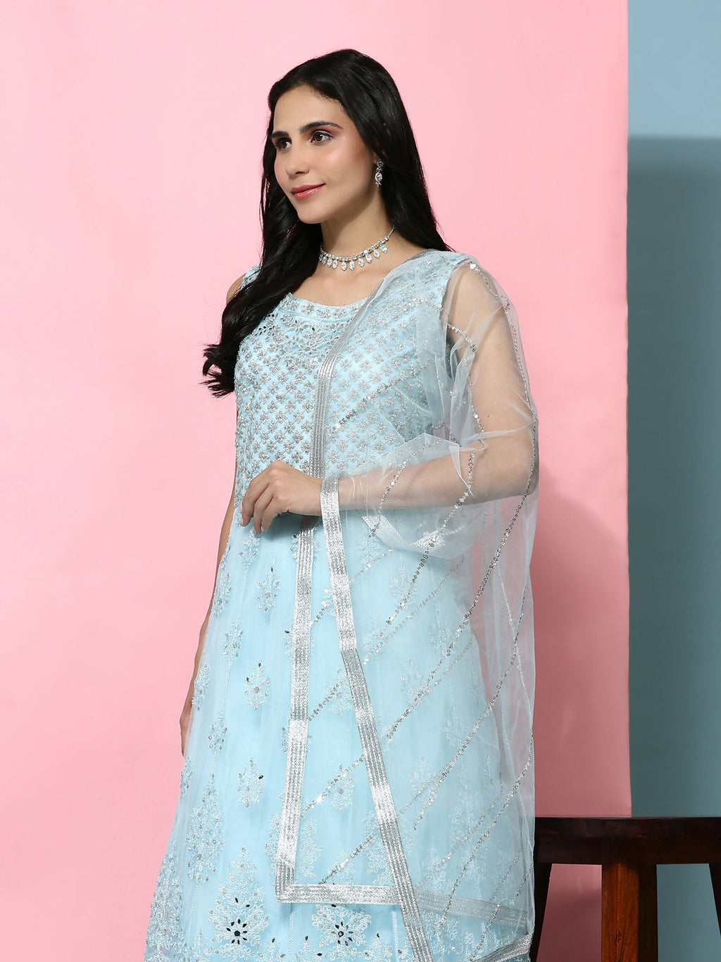 Blue Net Hand Embroidered Gown - Rudrani