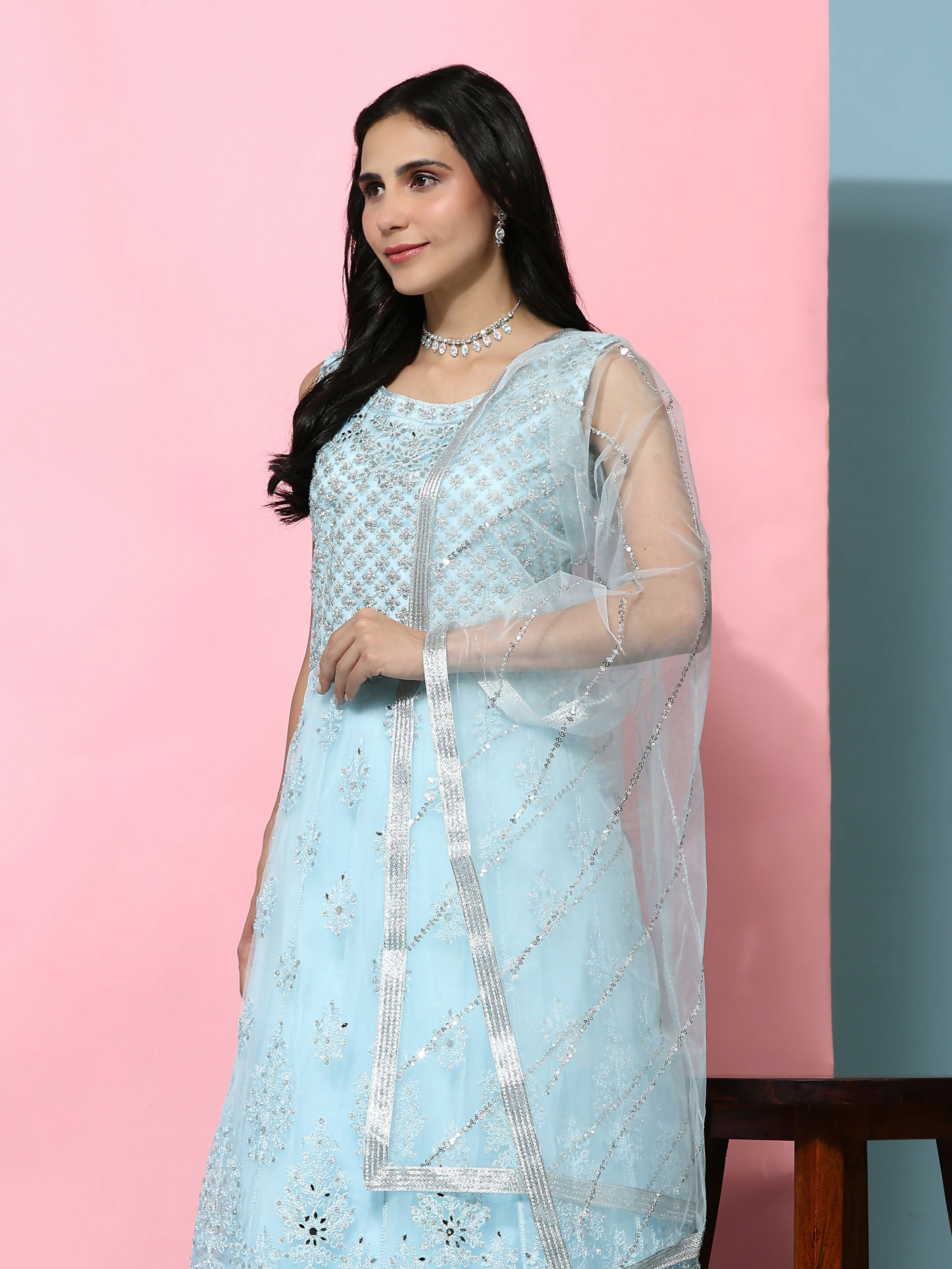 Blue Net Hand Embroidered Gown - Rudrani