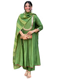 The52 Light Green Women's Gorgeous Embroidered Work Chanderi Fabric Flared Kurta Pant and Dupatta Set