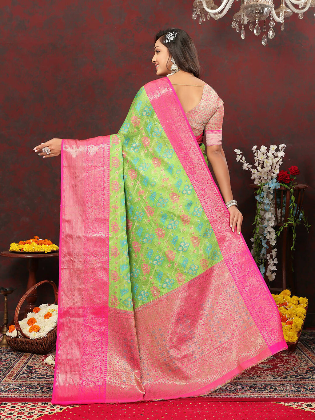 Lorenvalley Fashion Green Cotton Woven Design Zari Meenakari Weaving Saree