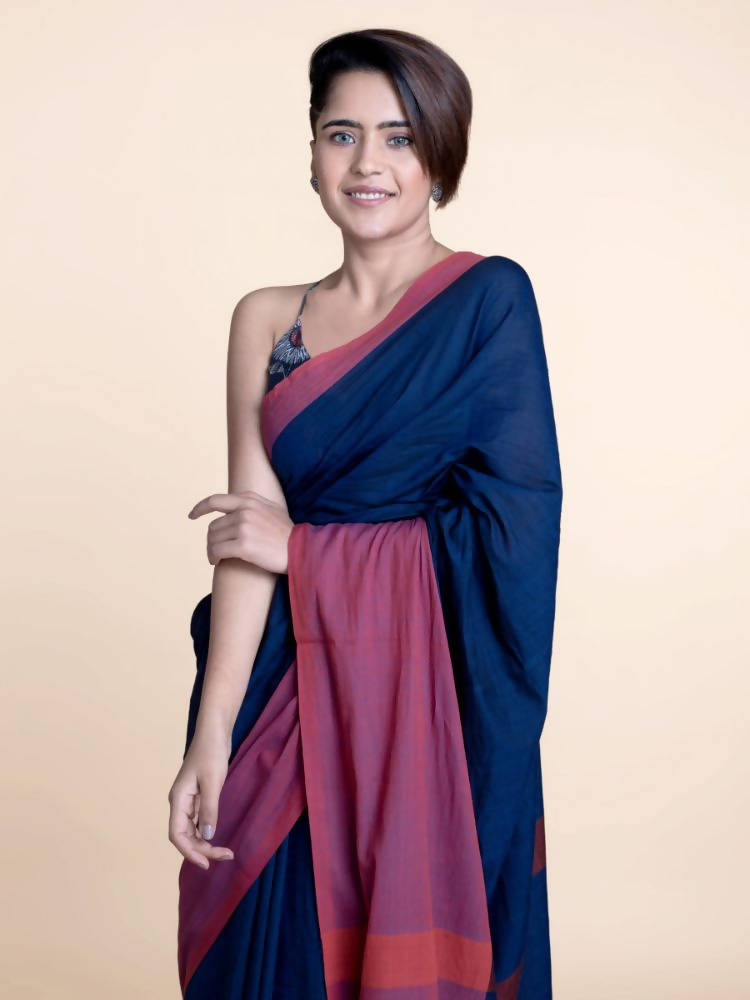 Suta Navy Blue Pink Colourblocked Mul Saree