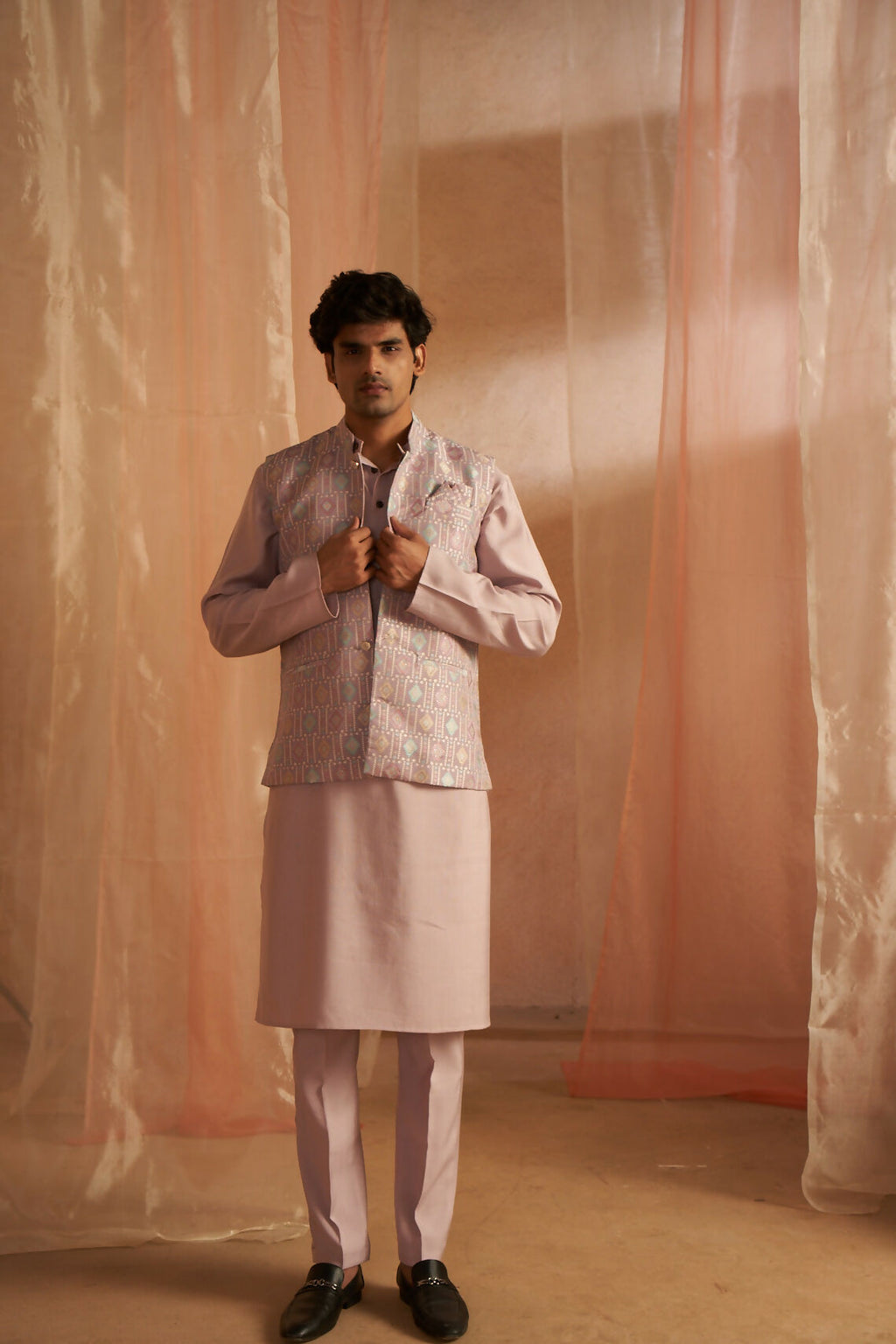 Purple Viscose Designer Printed Men's Kurta Set with Koti - Mahotsav