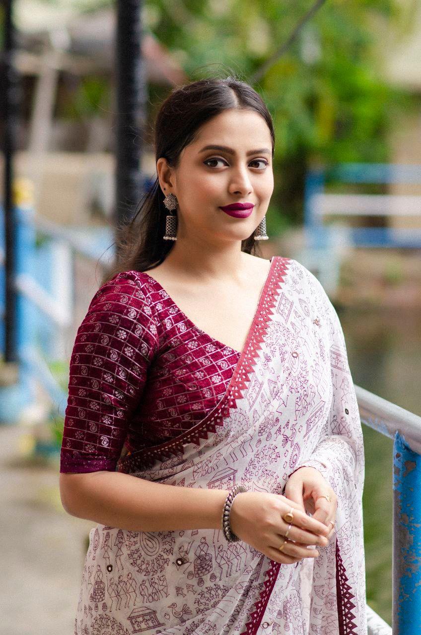Maroon Pure Georgette Warli Saree with Unstitched Blouse - A2M