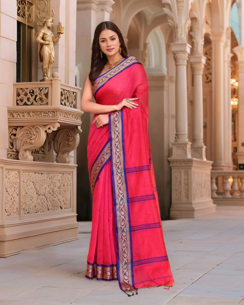Joban Fashion Women Pink & Blue Trendy Cotton Saree
