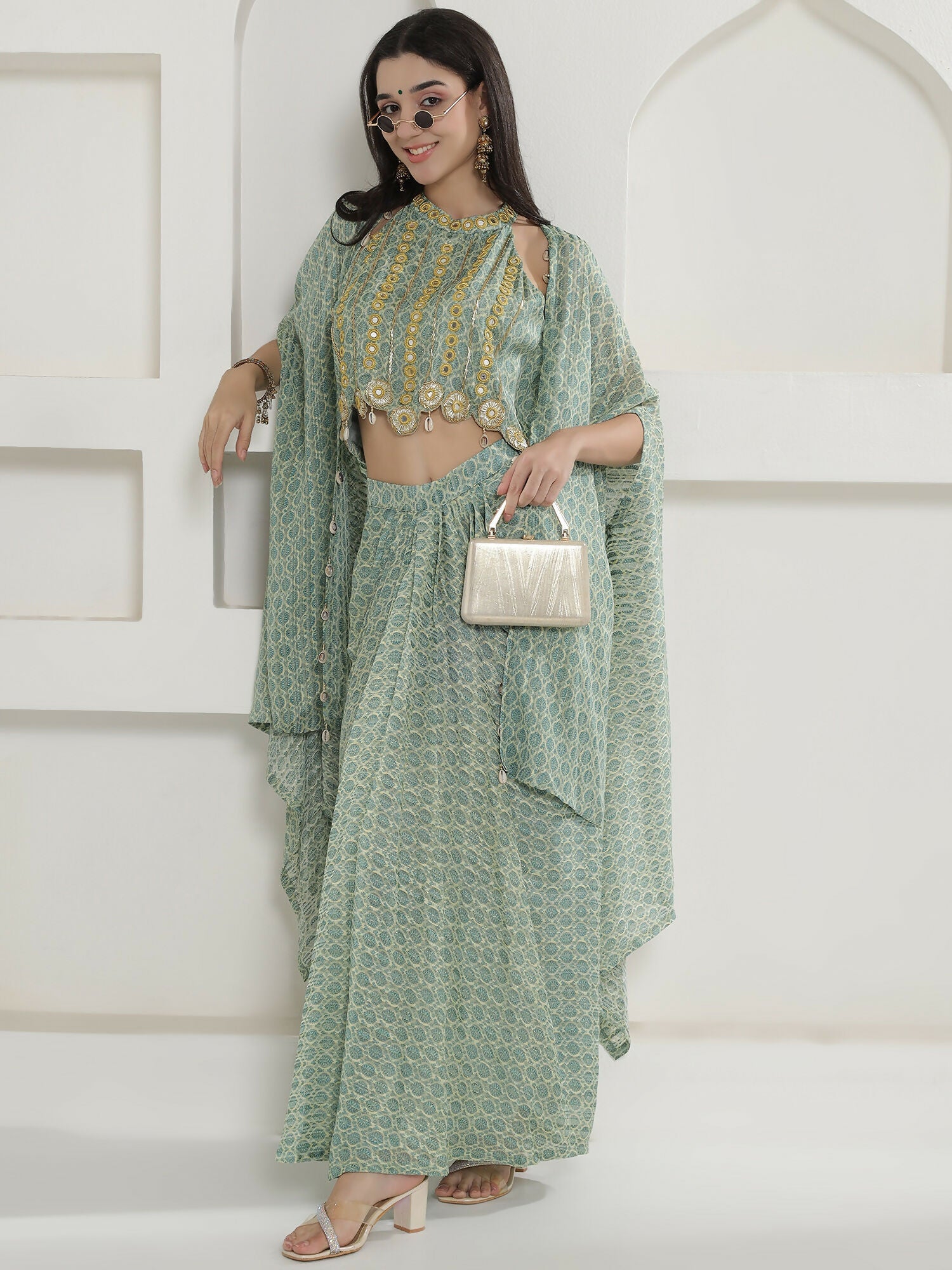 Joban Fashion Green Georgette Cape Inner And Shirt Set