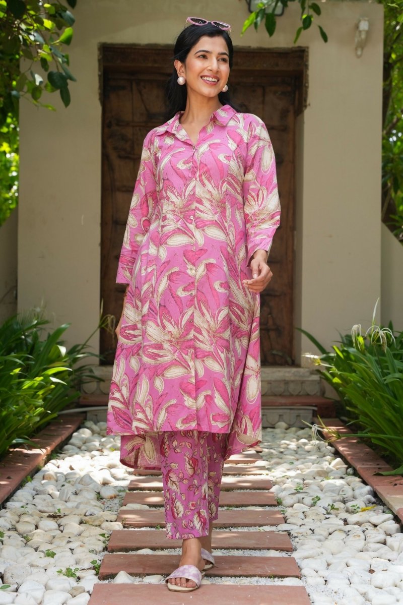Aramya Pink Soft Cotton Foliage Print High Low Kurta Set for Women