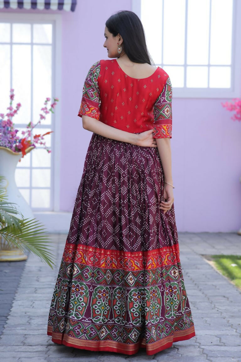 Jyoti Fashion Women's Wine Patola with Foil Print Dola Silk Anarkali Dress