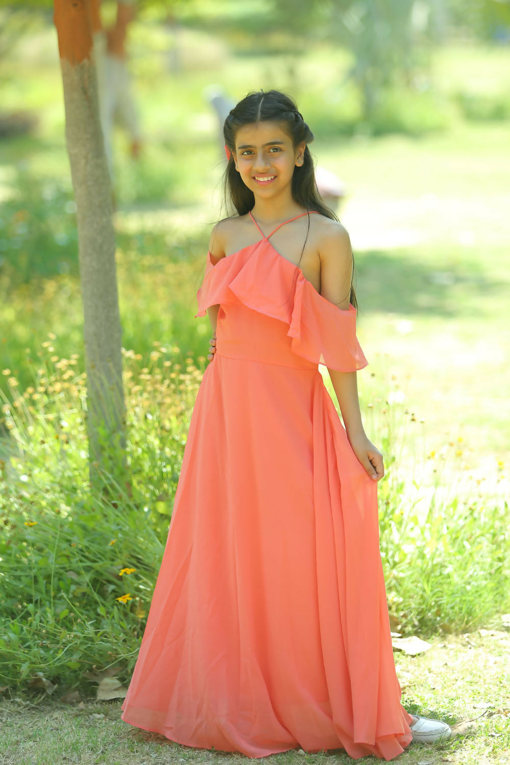 LH Luxury Fashion Lilah Maxi Dress – Elegant Off-Shoulder Ruffled Maxi Dress for Girls