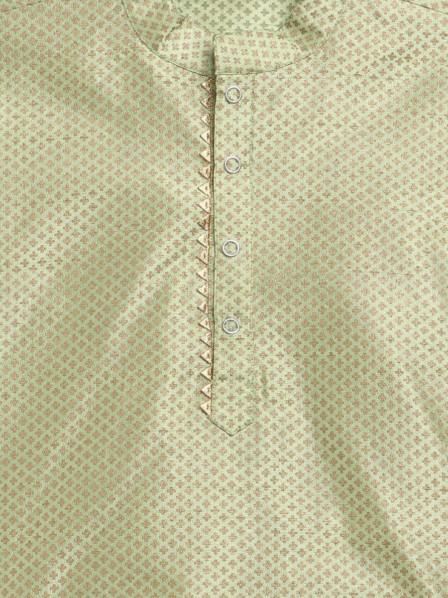 Ahalyaa Green Poly Silk Gold Print Kids Kurta Churidar Set For Boys
