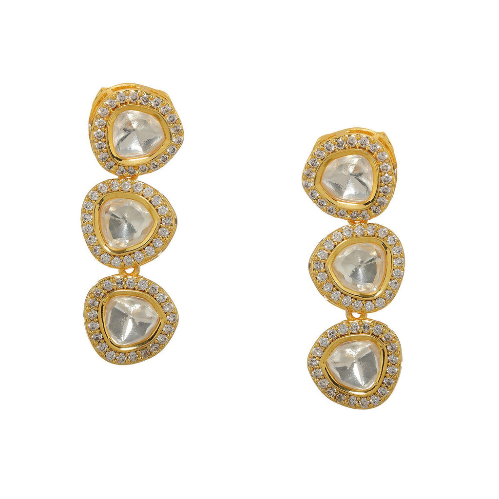 Uncut 3 Tier Kundan Dangler Earrings (Gold) - Ruby Raang