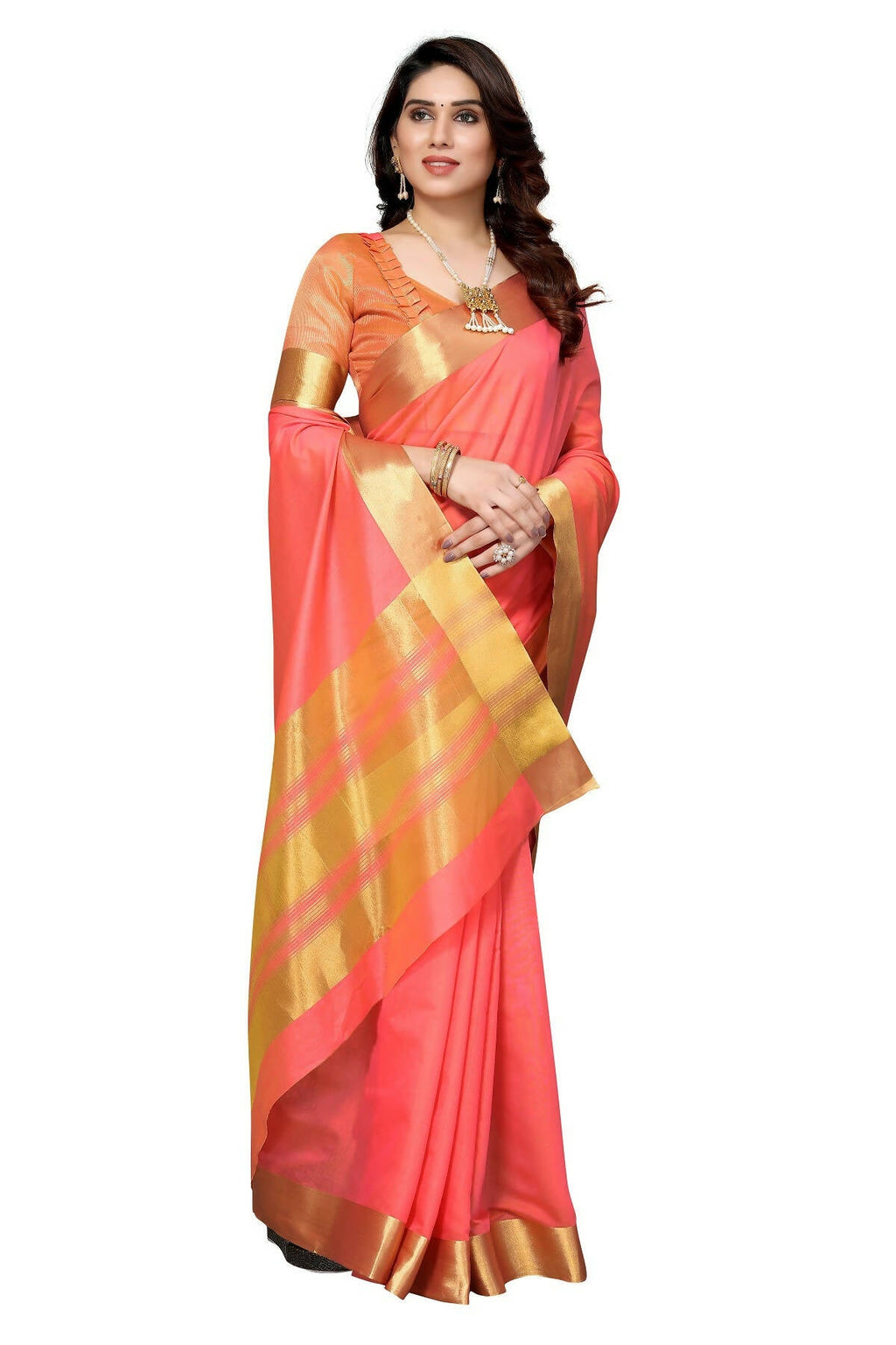 Vamika Peach Cotton Polyester Silk Weaving Saree
