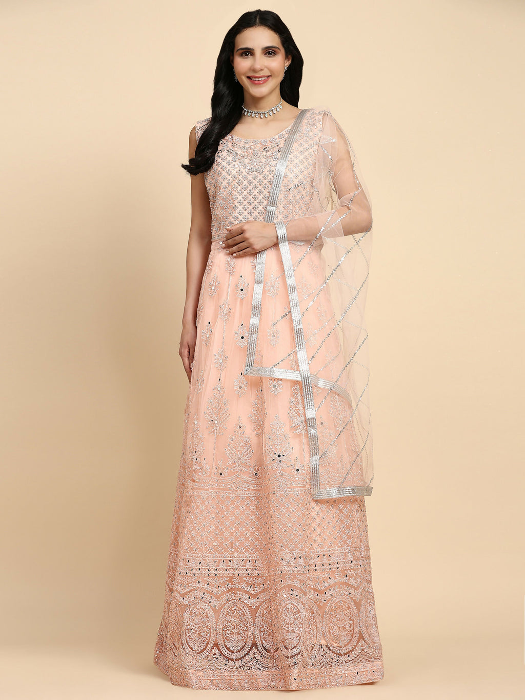 Peach Net Hand Embroidered Gown - Rudrani