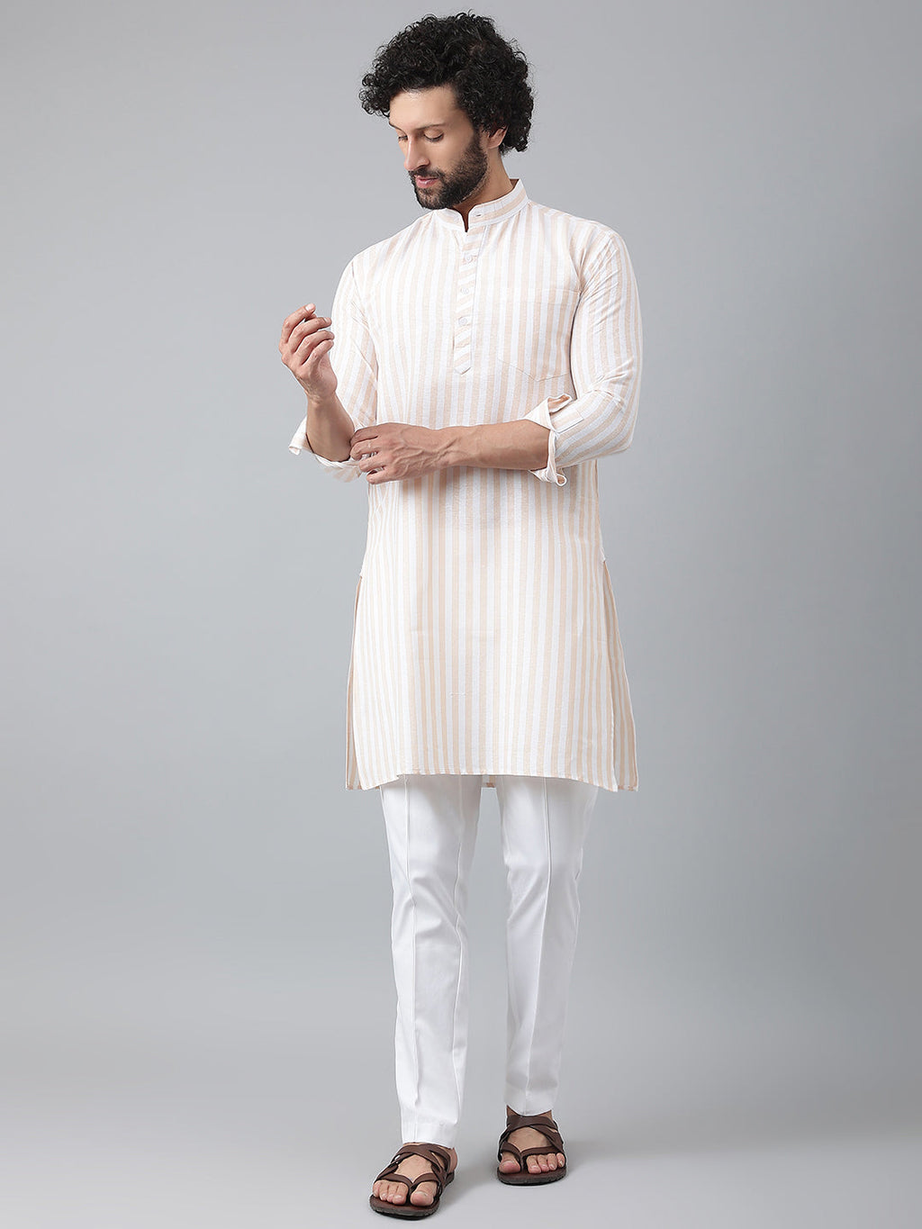 RIAG Beige Color Long Sleeves Ethnic Men's Cotton Long Kurta