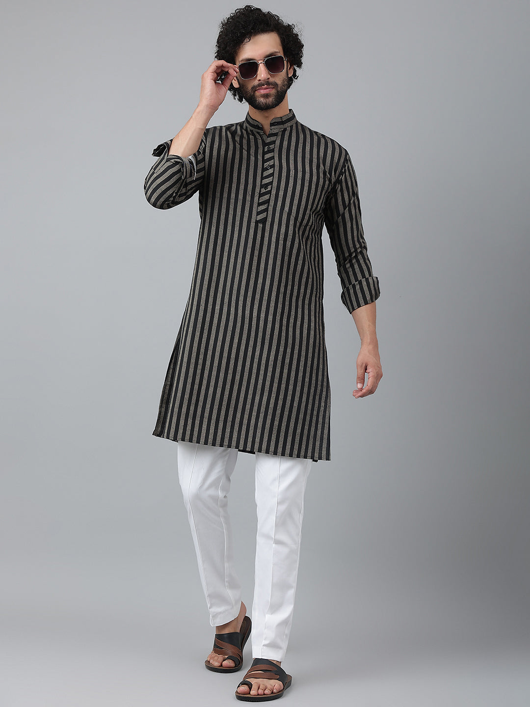RIAG Black Men's Ethnic Long Kurta And Pyjama Set