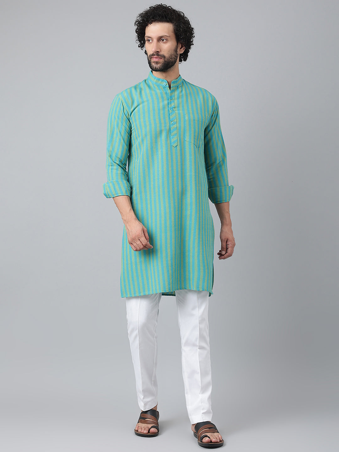RIAG Blue Color Long Sleeves Ethnic Men's Cotton Long Kurta