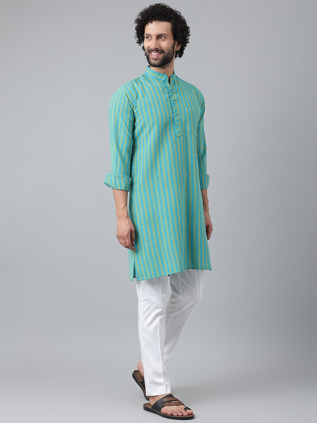RIAG Blue Color Long Sleeves Ethnic Men's Cotton Long Kurta