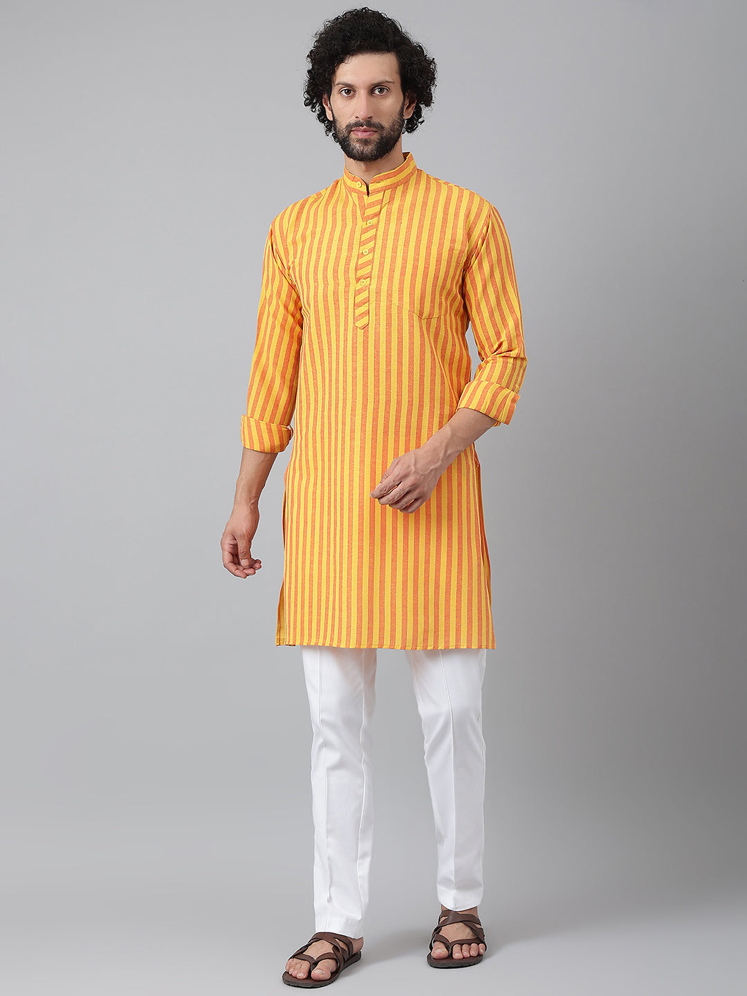 RIAG Yellow Color Long Sleeves Ethnic Men's Cotton Long Kurta