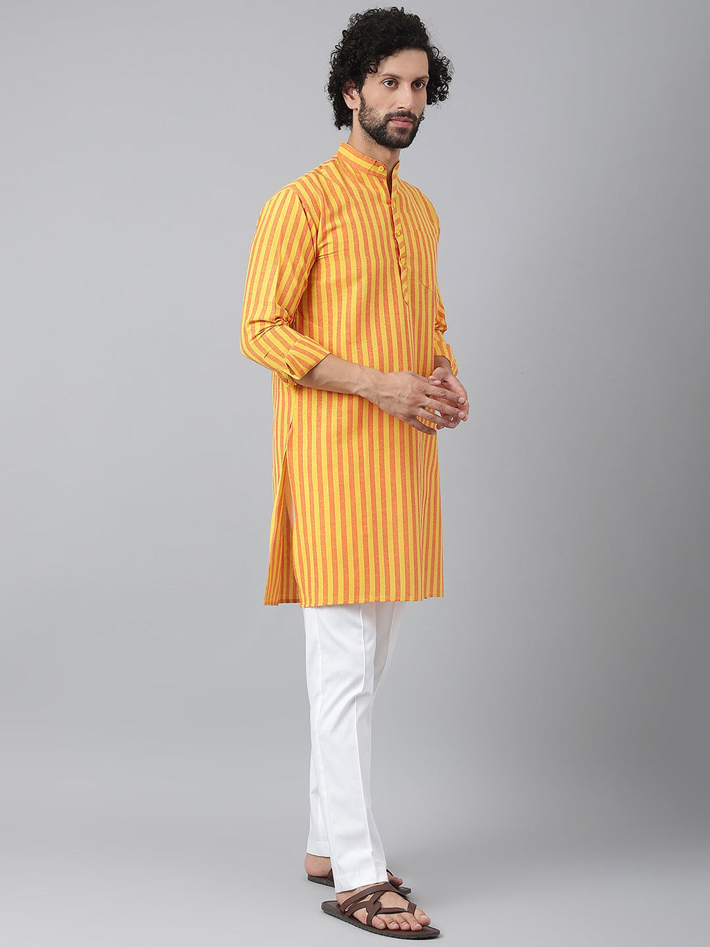 RIAG Yellow Color Long Sleeves Ethnic Men's Cotton Long Kurta