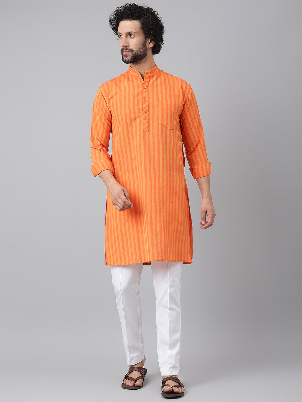 RIAG Orange Color Long Sleeves Ethnic Men's Cotton Long Kurta