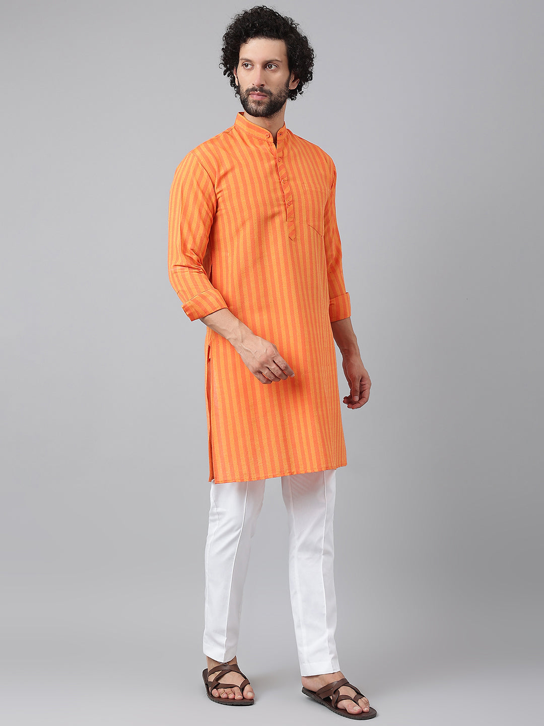 RIAG Orange Color Long Sleeves Ethnic Men's Cotton Long Kurta