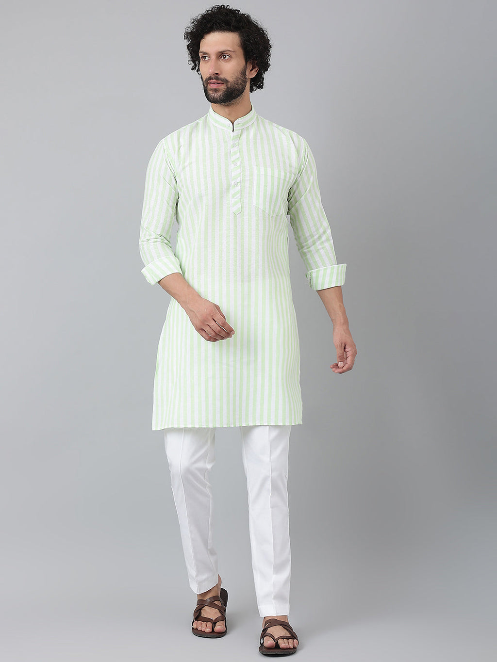 RIAG Green Color Long Sleeves Ethnic Men's Cotton Long Kurta
